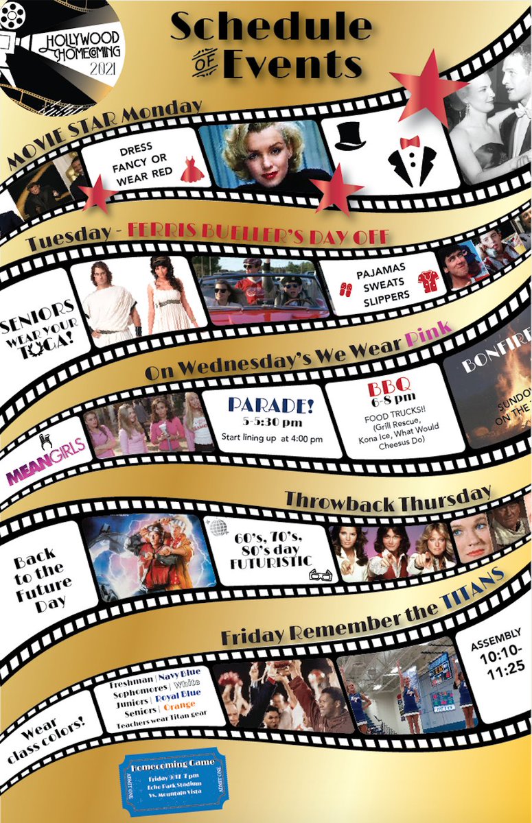 Here comes Hollywood Homecoming 2021, Titans! Monday is Movie Star Monday and RED carpet day! Dress up or wear RED! #hollywoodhoco2021