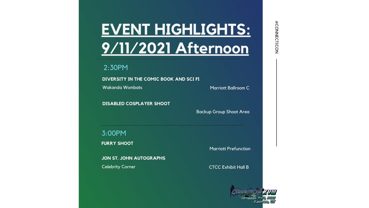 ConnectiCon's tweet photo. You ready for the weekend to officially begin? We have a long list of events for you to choose from, so start planning your Saturday now!
#ConnectiCon #conpanels #cosplay https://t.co/WIj3VBSnhN