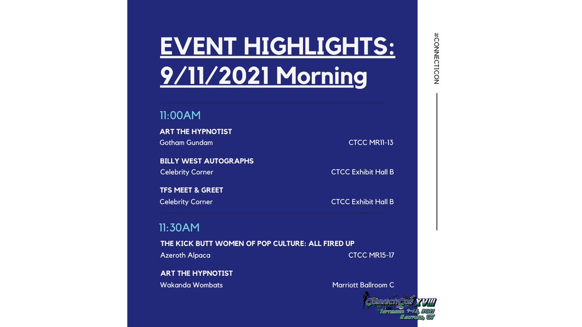 ConnectiCon's tweet photo. You ready for the weekend to officially begin? We have a long list of events for you to choose from, so start planning your Saturday now!
#ConnectiCon #conpanels #cosplay https://t.co/WIj3VBSnhN