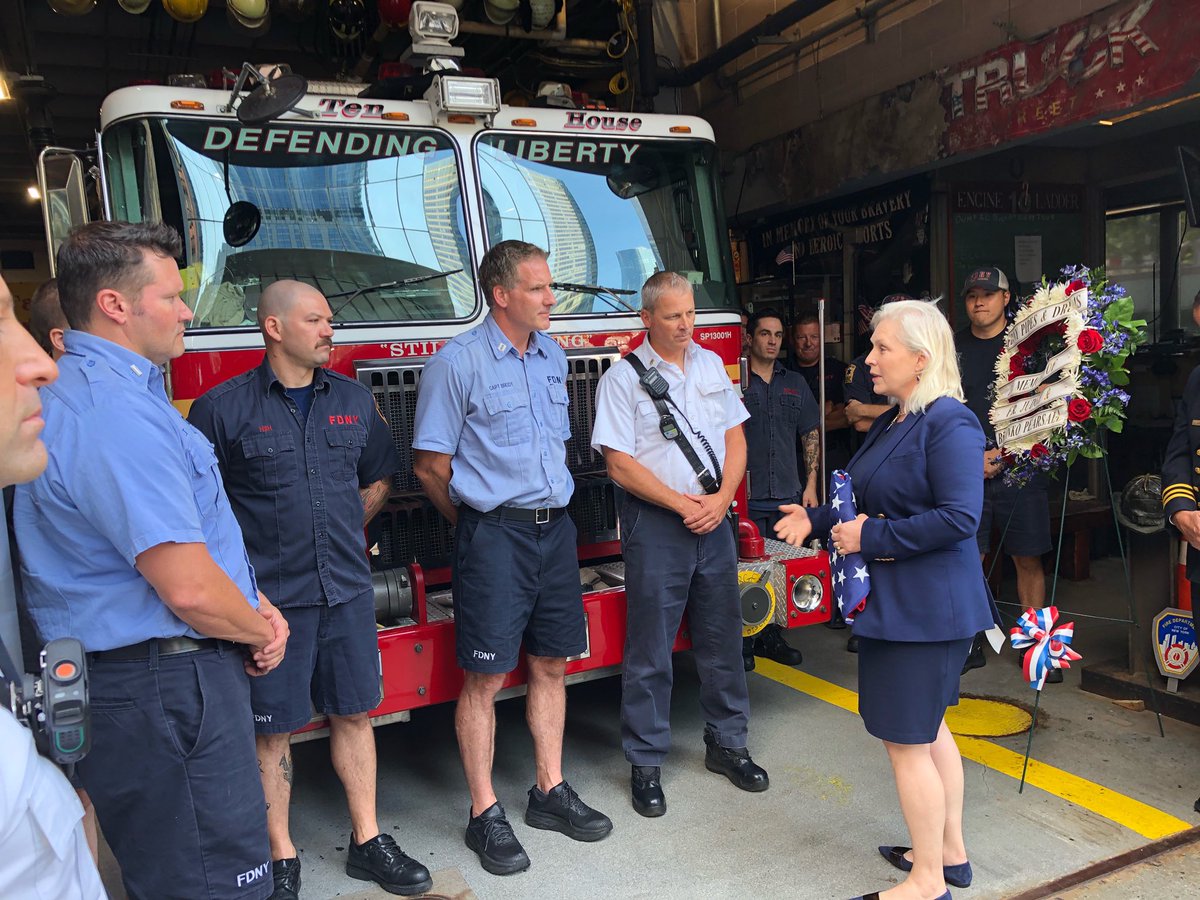 FDNY's tweet image. On Friday, September 10, @SenGillibrand presented FDNY First Deputy Commissioner Kavanagh, Chief Ajello, Chief Schaaf and members at #Engine10 #Ladder10 in Manhattan with a flag that was flown over the US Capitol in commemoration of the 20th Anniversary of 9/11. #NeverForget