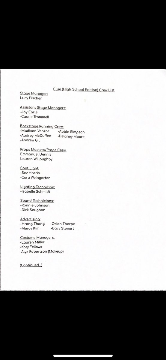 pmhs_presents's tweet photo. Here’s the cast and crew list for Clue! Congratulations to everyone involved and those who auditioned— you all should be immensely proud of yourselves! #pmhstheatre 🎭 https://t.co/sHoZYZsyId