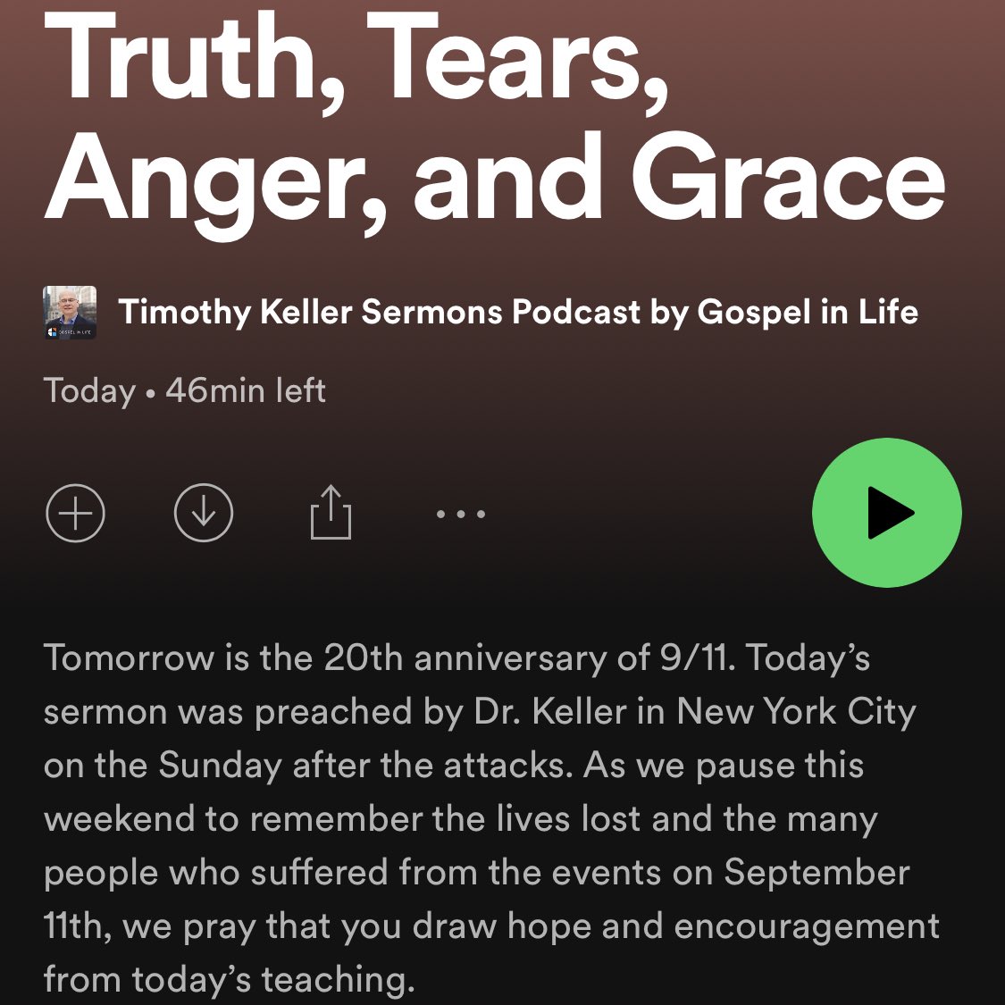 On today’s <a href="/gospelinlife/">Gospel in Life</a> podcast: “Truth, Tears, Anger, and Grace”, the sermon <a href="/timkellernyc/">Timothy Keller (1950-2023)</a> gave at @redeemernyc the Sunday after 9/11.

Listen here: link.chtbl.com/TimKellerPodca…
