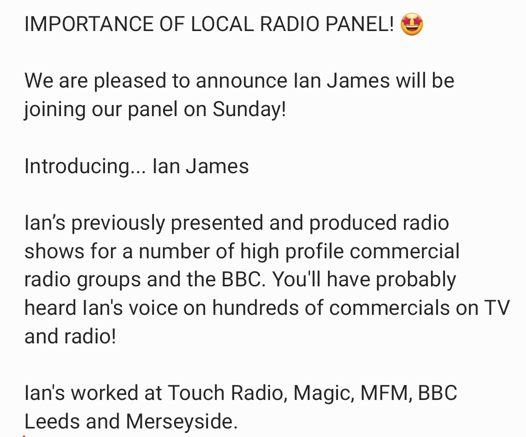 IMPORTANCE OF LOCAL RADIO PANEL! 🤩

We are pleased to announce Ian James will be joining our panel on Sunday!

Introducing... Ian James

Nobody Talks Anymore 👄
Saturday 11th &amp; Sunday 12th September 🗓
Off The Square, Manchester 🗺
Tickets : bit.ly/3gK6KQY 🎟