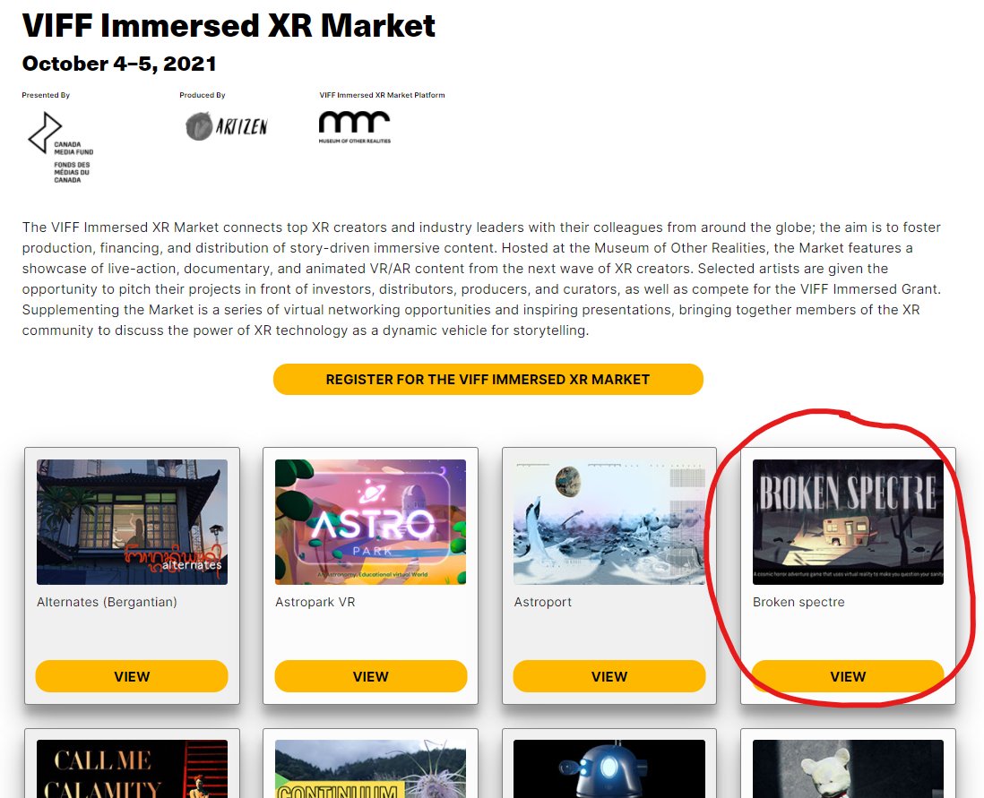 We were chosen! 🥳🎉 Excited for the opportunity to pitch Broken Spectre at the #VIFFImmersed XR Market. Even though it's still in early development, we're happy with the attention our little cosmic horror VR game is getting so far Thanks, @VIFFest @ArtizenFund @KaleidoVR