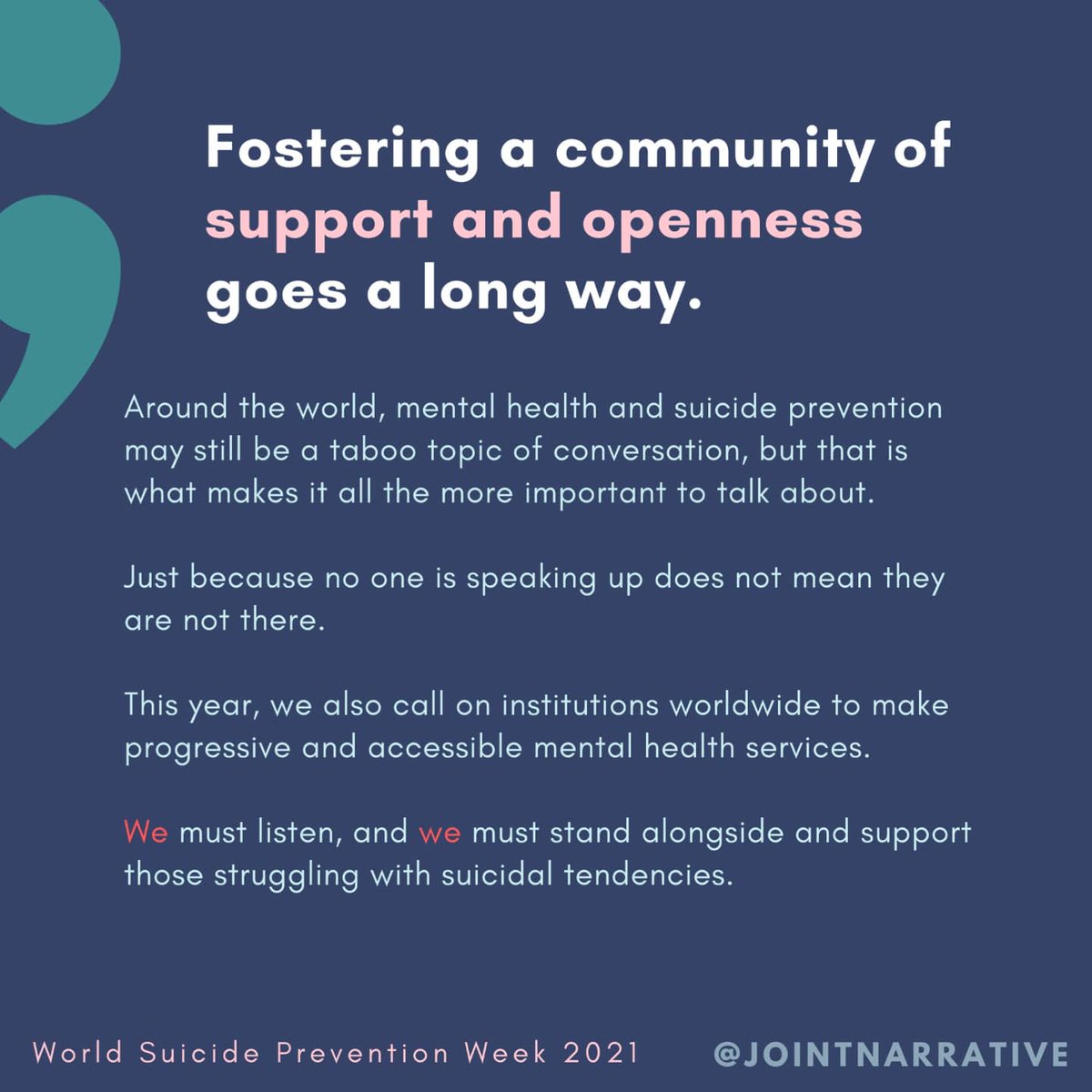 JointNarrative_'s tweet photo. "Every year, more people die as a result of suicide than HIV, Malaria or breast cancer - or war and homicide" - WHO

Although #SuicidePreventionWeek may last for a week, the importance of kindness and reaching out all year round cannot be overstated. https://t.co/MjPuLaDD5i
