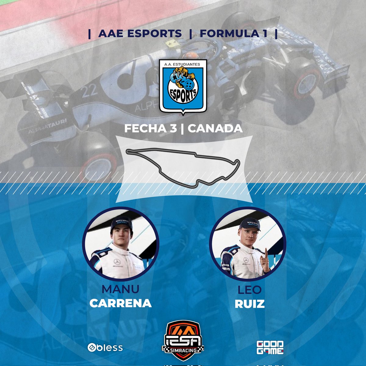 eSportsAAEok's tweet photo. ⚠️ ¡Hoy con todo, Celeste!
🏆 Campeonato @IESASimRacing
🗓️ Viernes 10/9
⏱️ 20hs
🇨🇦 Fecha 3 - G.P. Canadá
🏎️ @MrKaiser05
🏎️ @ssampa__
.
➡️ Nos acompañan
@blessriocuarto
@goodgameriocuarto
.
💻 Diseños @K7Designer
.
#VamosLeon
💙🦁 https://t.co/zz6SOPu4IP