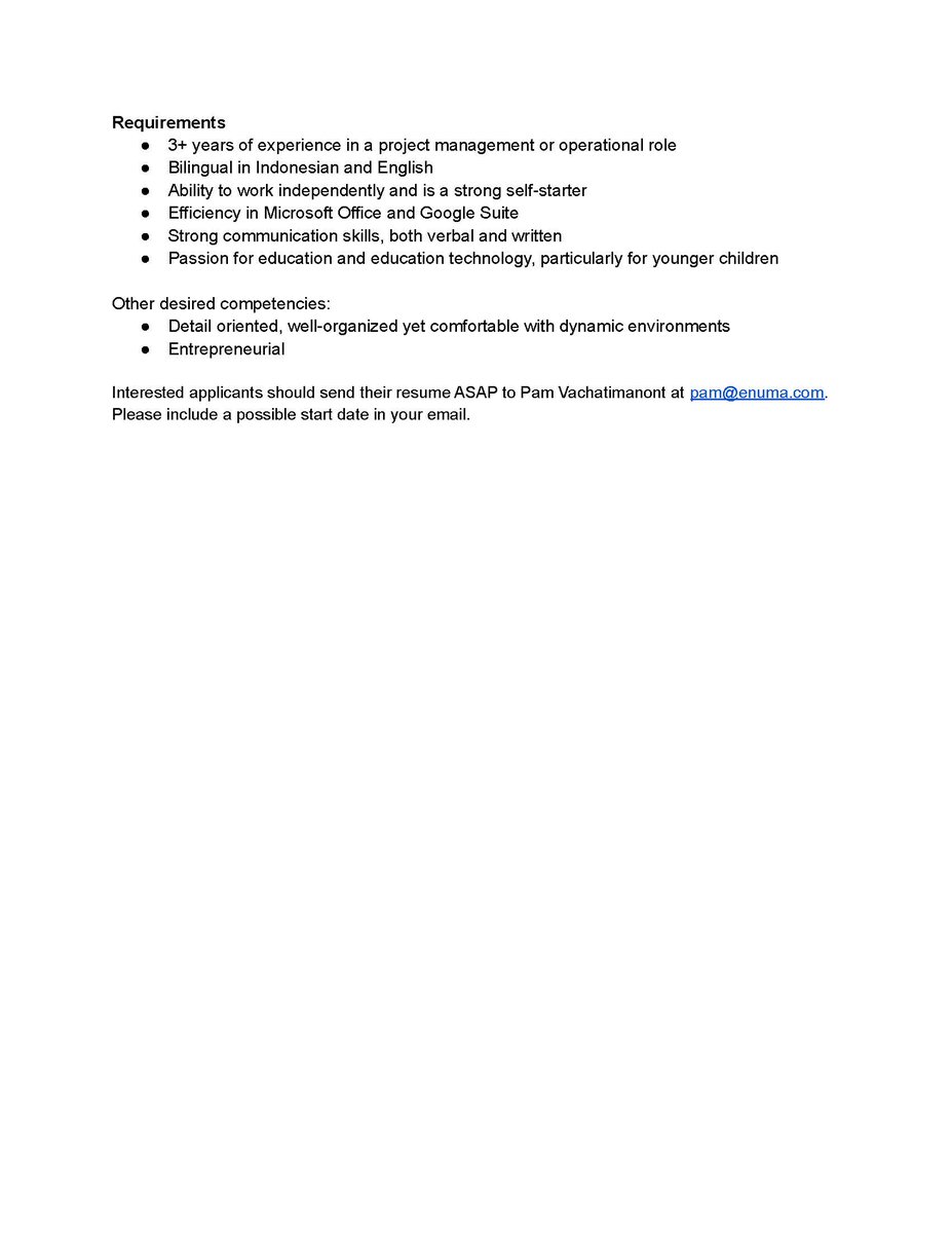 Enuma (@enumaapps) on Twitter photo Enuma is seeking a Strategic Programs Manager (Consultant), Sekolah Enuma Indonesia
• 6-Month Contract
• Full-Time
• Remote
Interested applicants should send their resume ASAP to Pam Vachatimanont at pam@enuma.com.
#EdTech #Hiring #SDG4 Enuma is seeking a Strategic Programs Manager (Consultant), Sekolah Enuma Indonesia
• 6-Month Contract
• Full-Time
• Remote
Interested applicants should send their resume ASAP to Pam Vachatimanont at pam@enuma.com.
#EdTech #Hiring #SDG4