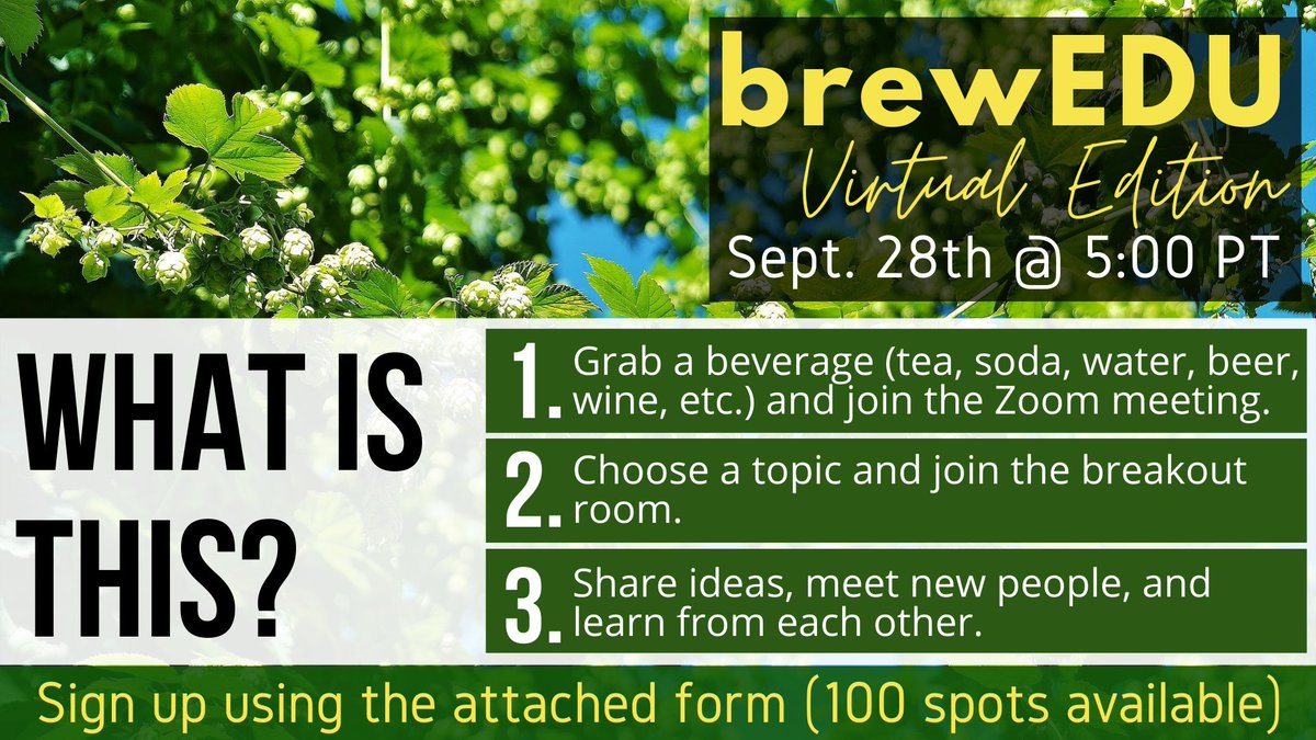 Mr_Rablin's tweet photo. Alright, friends. I'm finally getting around to putting together another brewEDU. The idea is that a bunch of educators get together in Zoom on September 28th, choose breakout rooms based on topics, and then talk and share ideas. Interested?
Sign up: https://t.co/kV43swNJr8 https://t.co/xa8NYlZwdh