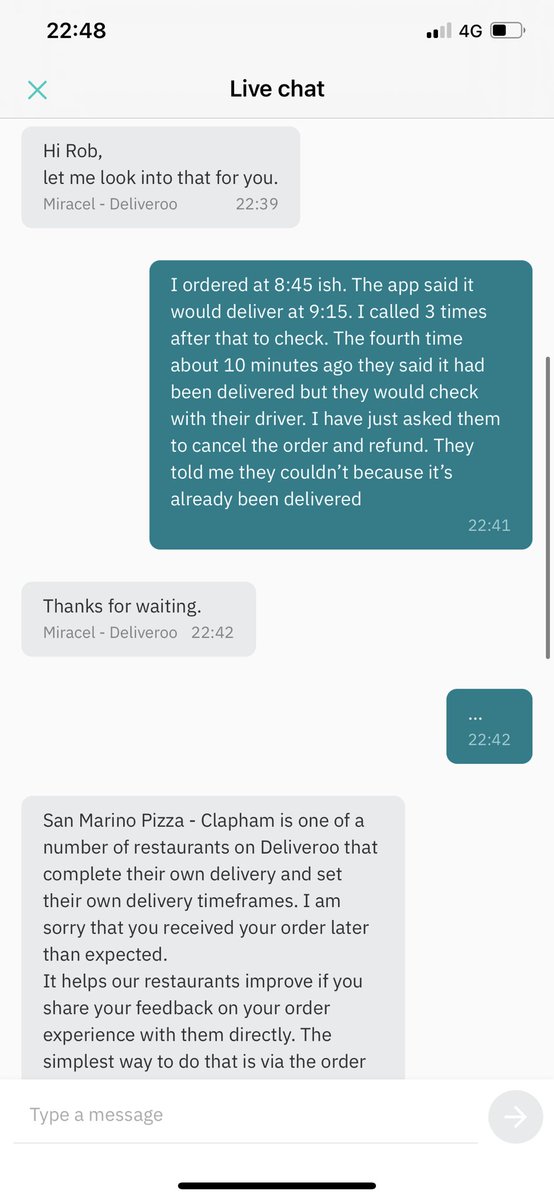 robbiestone89's tweet photo. @Deliveroo ordered via your app with Sam Marino pizza. 2 hours after placing the order I was told It was delivered and I was lieing. Customer service non existent. Went with @ubereats_uk didn’t let me down! https://t.co/ar9MPb9IGa