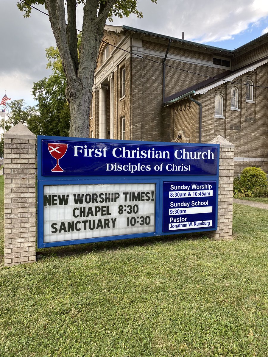 FCCStow's tweet photo. This Sunday Sunday Sunday!! We are getting back to worshiping at 8:30 in the Chapel. And then again in the Sanctuary at…wait for it… 10:30 10:30 10:30!! (Read the large print on the sign, NOT the small print.) We’ll be on Facebook Live at 10:30 too! Hope to see you! https://t.co/AuhGJrXkC3