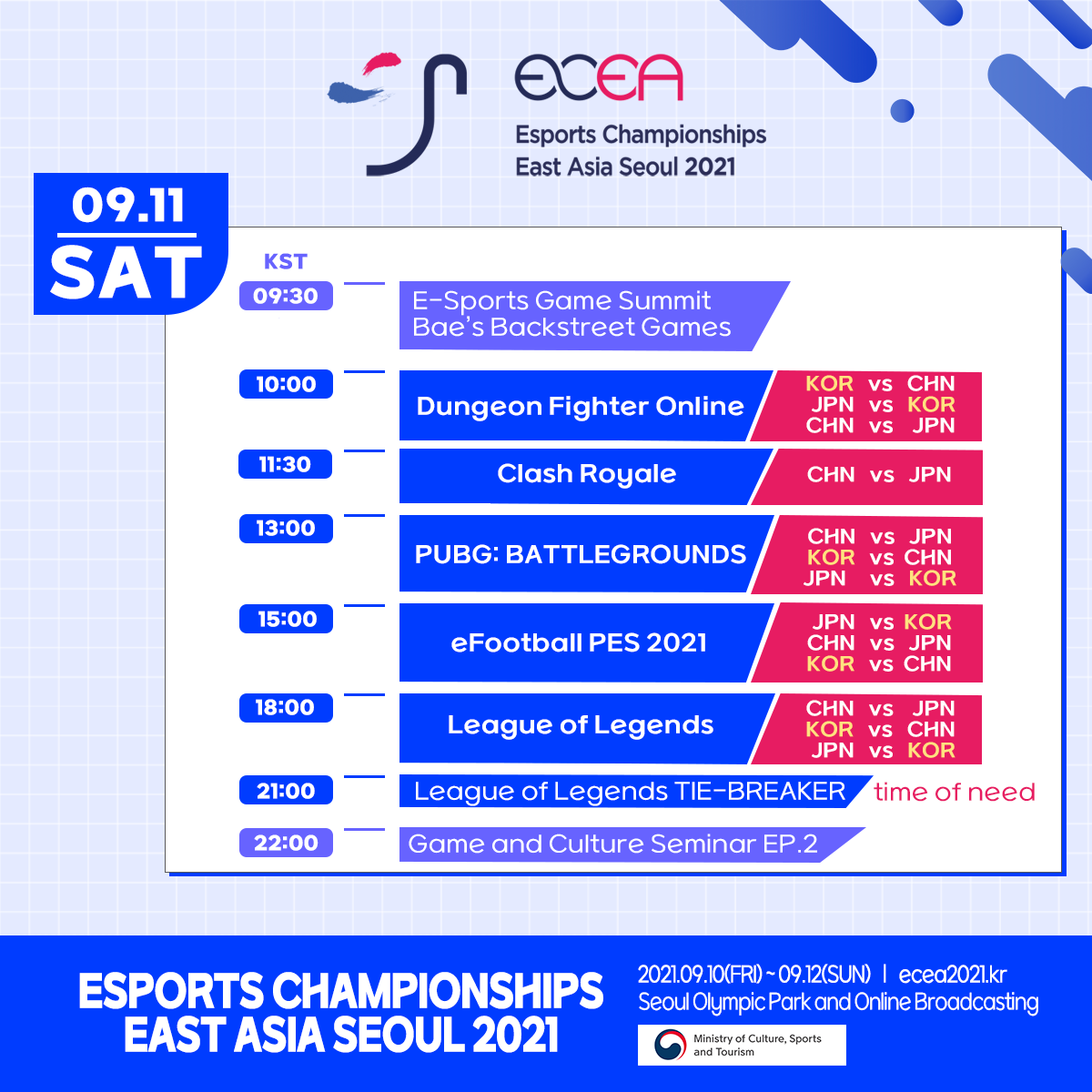 [Esports Championships East Asia 2021]

LoL Match3 (CHN vs KOR) will be held at KST 18:00 today.

📺 EN (Twitch) : twitch.tv/kespaen
📺 EN (YouTube) : youtube.com/kespa
📺 CN (Huya) : huya.com/660007
📺 JP (JeSF YouTube) : youtube.com/channel/UC1nod…