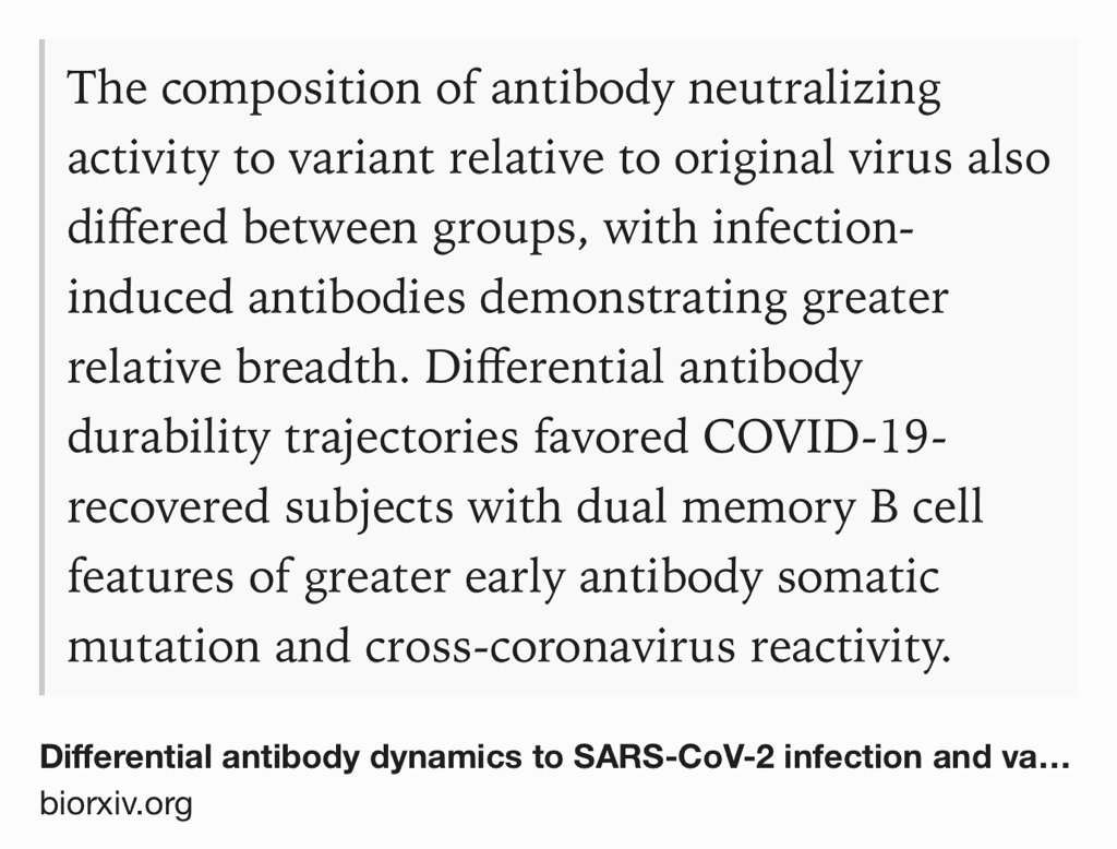 Text Shot: The composition of antibody neutralizing activity to variant relative to original virus also differed between groups, with infection-induced antibodies demonstrating greater relative breadth. Differential antibody durability trajectories favored COVID-19-recovered subjects with dual memory B cell features of greater early antibody somatic mutation and cross-coronavirus reactivity.