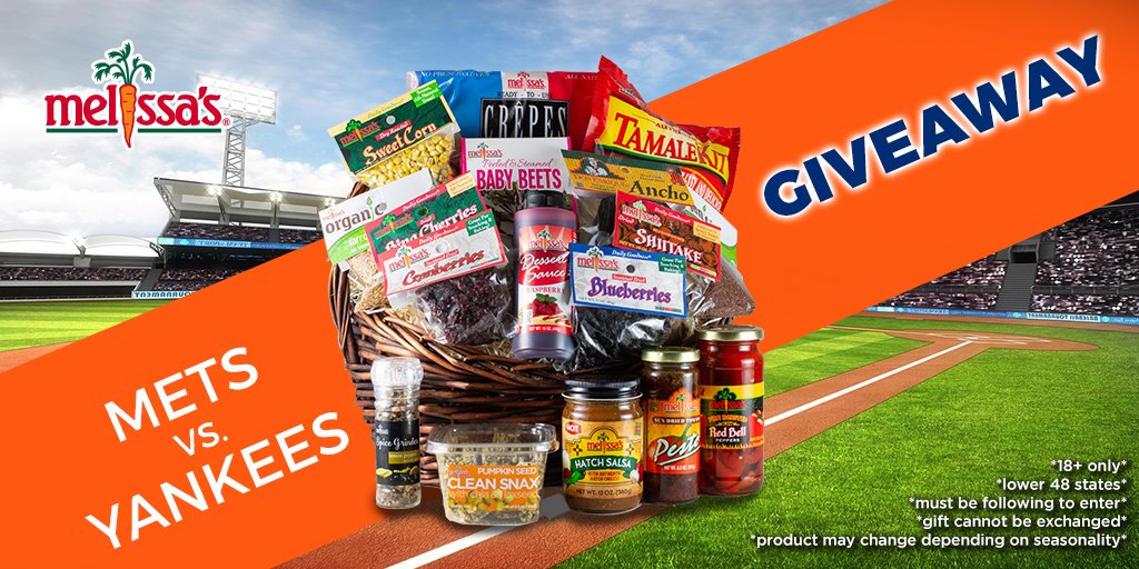 MelissasProduce's tweet photo. The final Subway Series of the season!

@Mets 🆚 @Yankees ⚾️
📍 @CitiField 🏟
⏰ 7:10pm ET

To enter our gift basket #GIVEAWAY:
1) RT &amp; like this post
2) Reply with your favorite #CleanSnax flavor
2) Follow @MelissasProduce on Instagram: https://t.co/0zEIMeCUmM

#LGM #SquadUp https://t.co/Hun7ZtsBQp