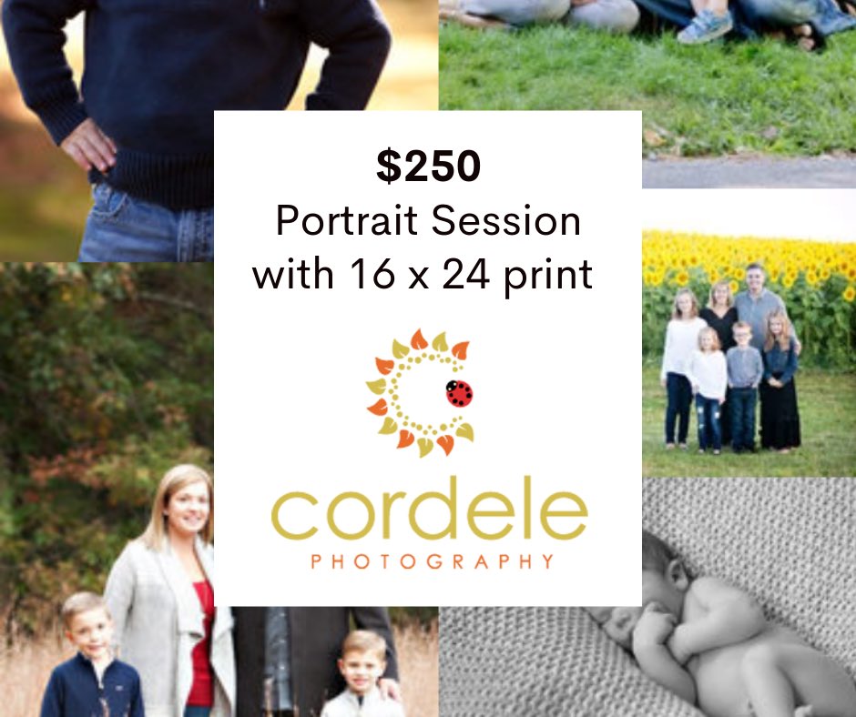 Thank you to Cordele Photography for donating our newest raffle prize - a 30 minute portrait session with one free 16x24 print - value over $350!