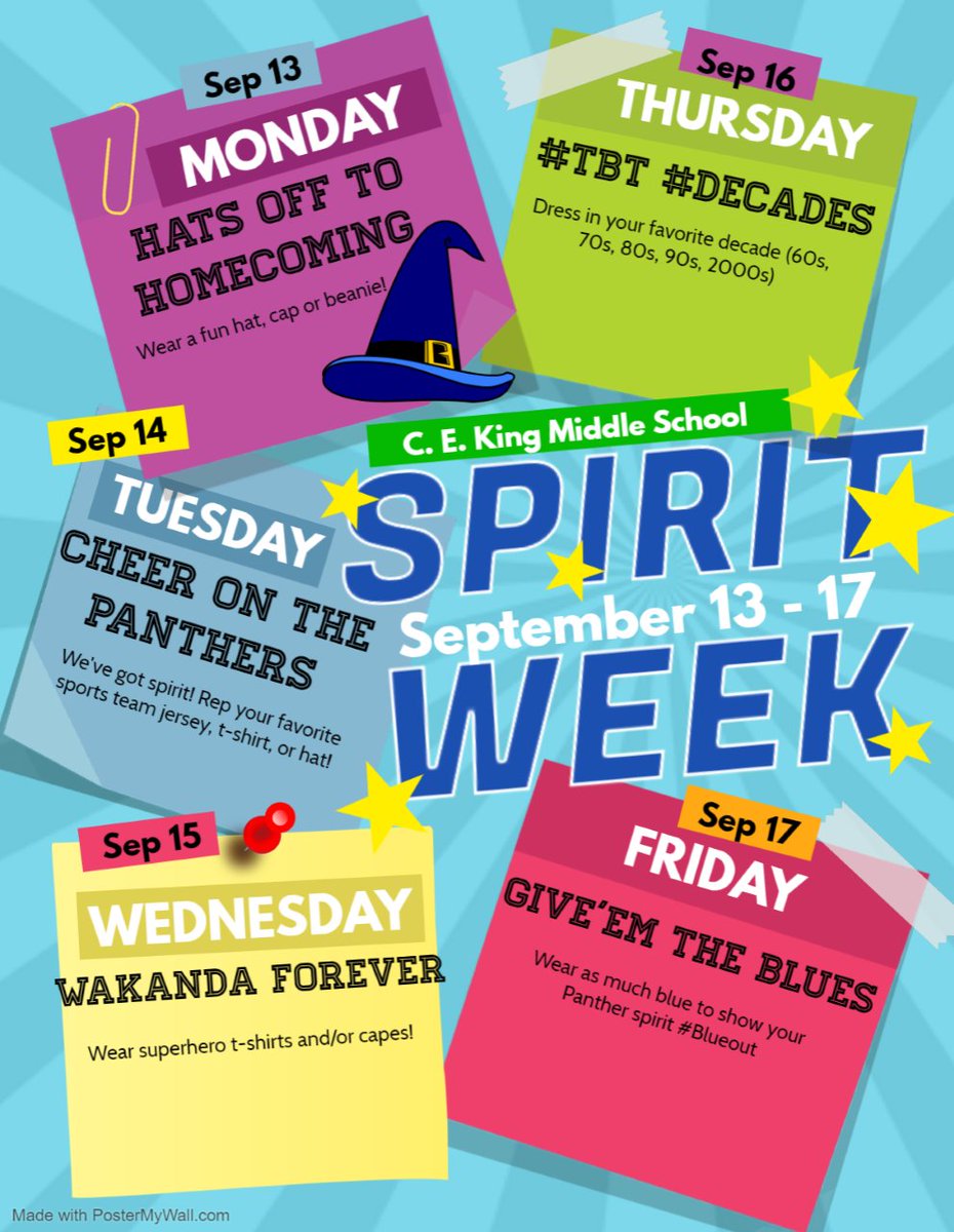 KMS Spirit Week is next week--September 13 - 17, 2021. Let's get in the spirit!💙💙