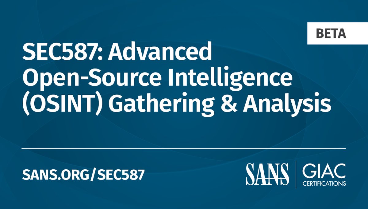 SANSDefense's tweet photo. #SEC587 is a fast-paced advanced course that provides seasoned #OSINT investigators with new techniques &amp; methodologies, while giving entry-level analysts the extra depth they need to find, collect, &amp; analyze data sources from all around world.
Learn more: https://t.co/v92f8teLdZ https://t.co/hrPvyU7ogR