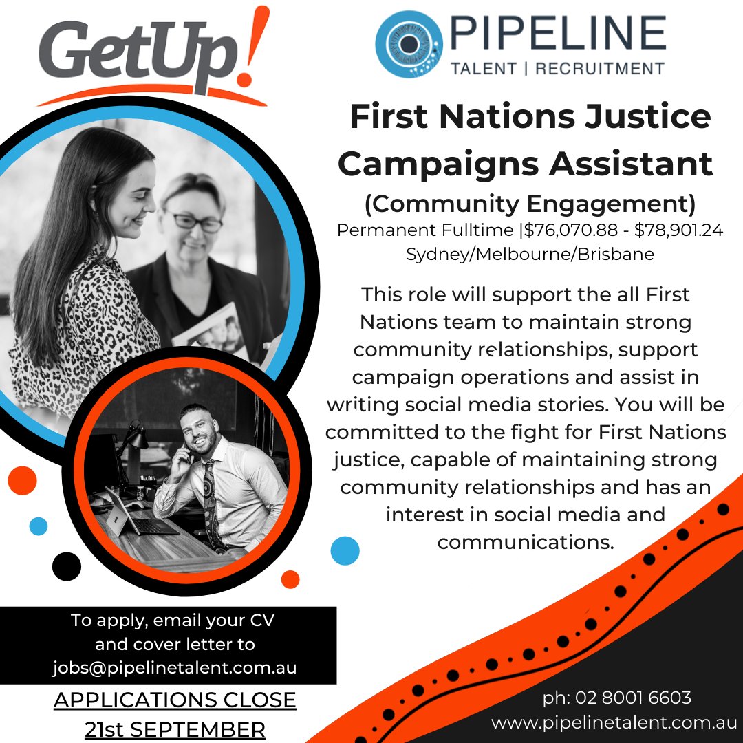 Get Up is in search for an enthusiastic Campaigns Assistant.

For more information please click the link below: pipelinetalent.com.au/candidates/bro…

To apply, email your CV and cover letter to jobs@Pipelinetalent.com.au

#jointhepipeline #sydney #getup #indigenoussuccess #firstnationsjustice