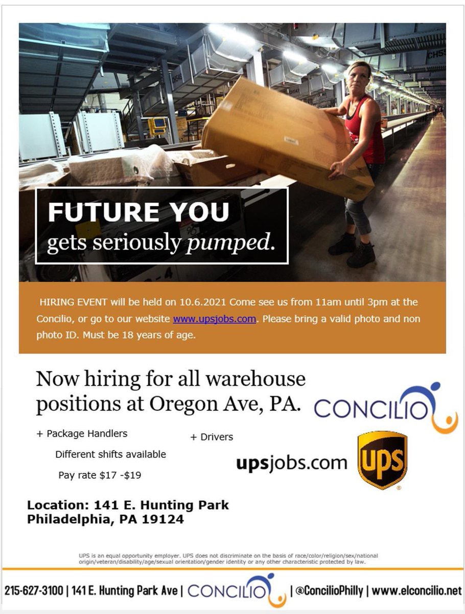 Spread the word. We are holding a job fair with our community partner @ConcilioPhilly on October 6th. Hiring for all positions in Philadelphia. @ChesapeakUPSers @UPSjobs @KVUPS @robnich45984002 @Upsjosephgill #careeropportunities #ups