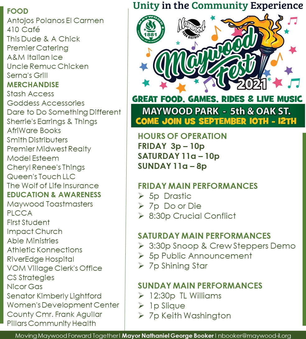 TONIGHT LET'S ENJOY PERFORMANCES FROM Drastic, Do Or Die, Crucial Conflict, and more. 

We have GREAT FOOD, GREAT ENTERTAINMENT, AND GREAT COMMUNITY FUN! SEE YOU THERE.
#MaywoodFest2021 #MAYWOODTOGETHER #UnityInTheCommunity #OneProviso #movingmaywoodforwardtogether