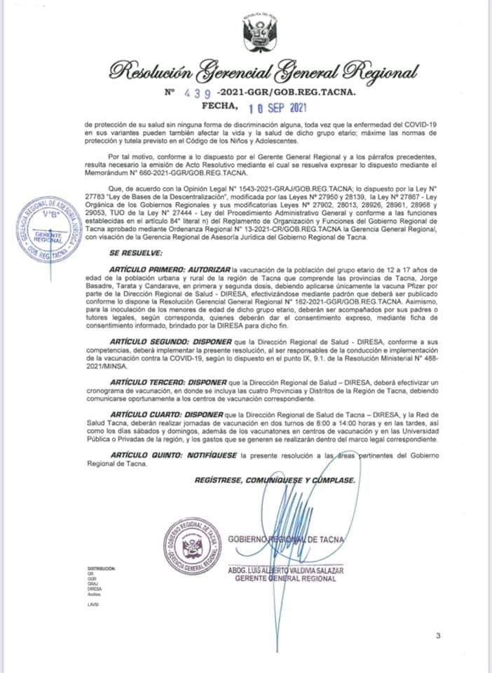 Tacna autoriza vacunación de 12 a 17