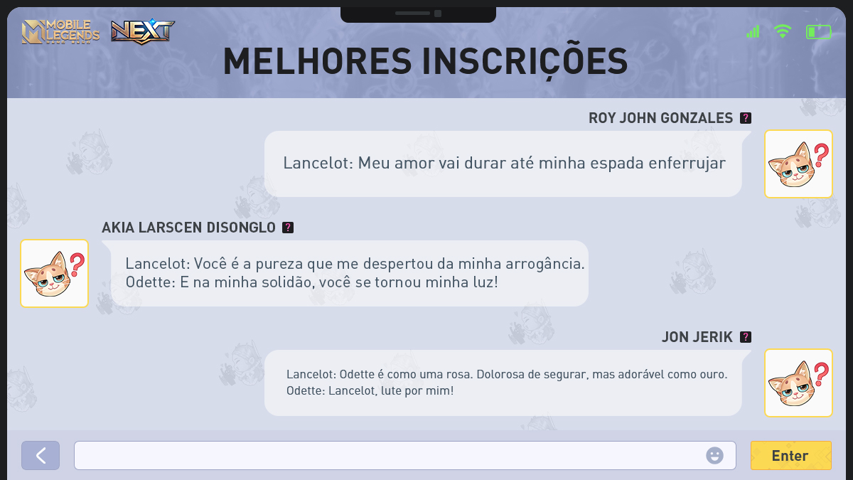 MLBBBR's tweet image. O Concurso Criativo de Voiceover do Projeto NEXT chegou ao fim. Parabéns aos seguintes vencedores e obrigado a todos que participaram!

Mais concursos e eventos criativos da MLBB estão chegando no futuro. Fique ligado!

#MobileLegendsBangBang #ProjectNext