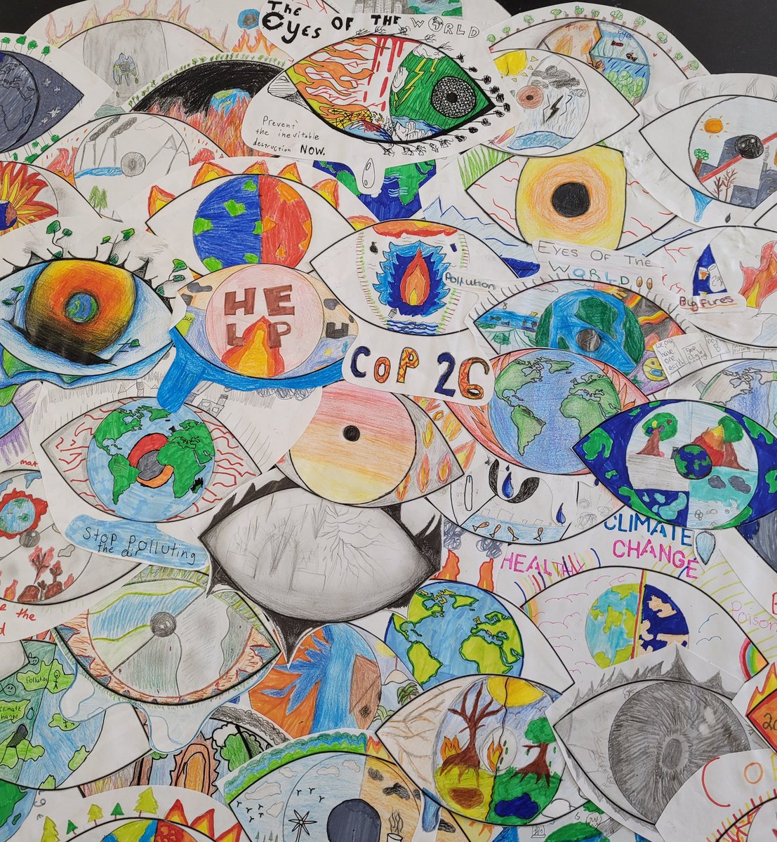 A great first week back at school... amazing artwork sending out a strong message... We're Watching !
#COP26 #Focused #EyesoftheWorld 
#CryoftheEarth <a href="/CAFODHN/">CAFOD in Hexham & Newcastle</a> <a href="/bwcet/">Bishop Wilkinson Catholic Education Trust</a> <a href="/JPSHCatholic/">Stanley Family of Parishes</a> <a href="/CAFODSchools/">CAFOD Schools</a> 
My students are amazing 🧡 #Talent