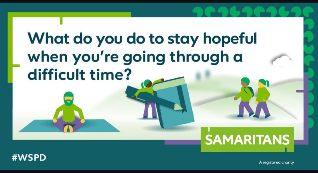 Psykhecoaching's tweet photo. I believe we can all play an active part in suicide prevention, which is why I’m supporting @samaritans this World Suicide Prevention Day.
They've compiled a list of tips and resources to help you remain hopeful during a difficult time. https://t.co/PpureArYog #WSPD https://t.co/mEtlo17cPO
