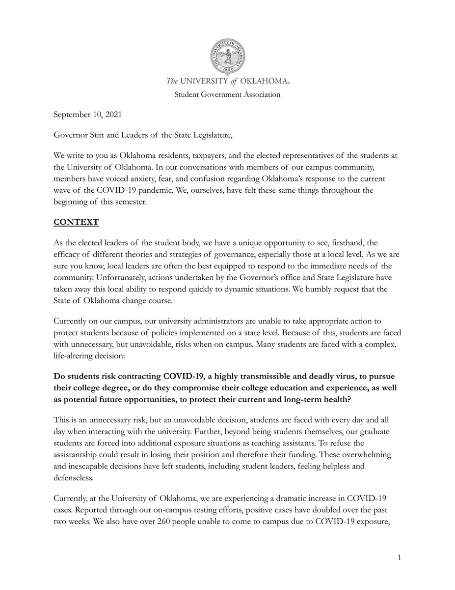ou_sga's tweet photo. Open letter to the Oklahoma Governor and State Legislature on behalf of the OU SGA leaders. If you agree with our sentiment and would like to sign your name, please use this link: https://t.co/ap3SHtk9Cu https://t.co/RtnUgIK0wB