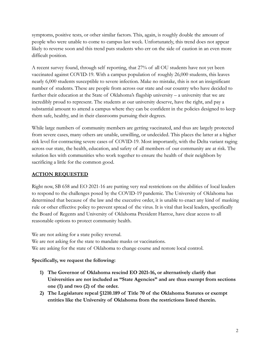 ou_sga's tweet photo. Open letter to the Oklahoma Governor and State Legislature on behalf of the OU SGA leaders. If you agree with our sentiment and would like to sign your name, please use this link: https://t.co/ap3SHtk9Cu https://t.co/RtnUgIK0wB