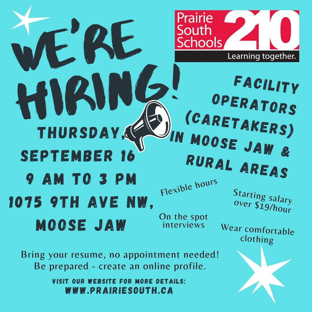 We are looking for facility operators at Prairie South. Come check out our job fair next week! <a href="/PrairieSouth/">Prairie South</a>