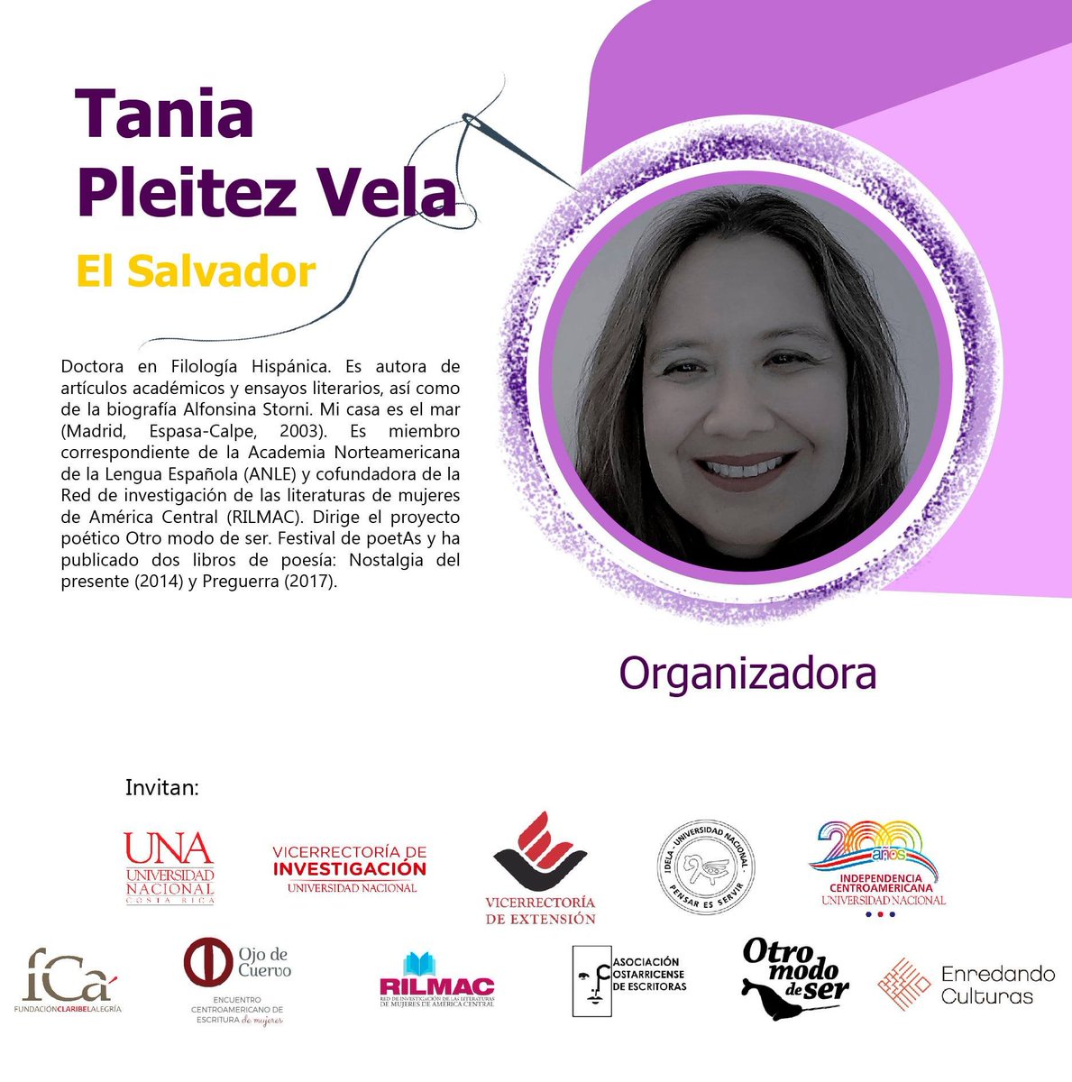 RILMAC_'s tweet photo. @Istmica_Revista @tpleitez Doctora en Filología Hispánica. Autora de artículos académicos y ensayos literarios. Es miembro @ANLE_US y cofundadora de la #Rilmac. Dirige @otromododeser. Ha publicado Mi casa es el mar (2003) y los libros de poesía Nostalgia del presente (2014), Preguerra (2017) https://t.co/6p0SMq5ZRF