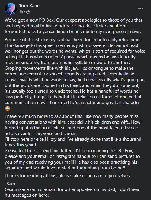 Last year, Tom Kane, voice actor behind Takeo Masaki, experienced a stroke. 

His daughter today posted an update on his Facebook saying he will not be voice acting again due to complications as a result of the stroke. 

We wish him well. ❤️
