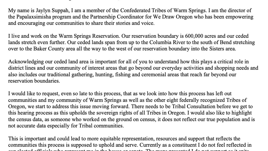 TeamJamie4OR's tweet photo. #Redistricting testimony from Jaylyn Suppah, member of the Confederated Tribes of Warm Springs:

"Acknowledging our ceded land area is important for all of you to understand how this plays a critical role in district lines and our community of interest areas..." #orpol #orleg https://t.co/1RGhJSaJes