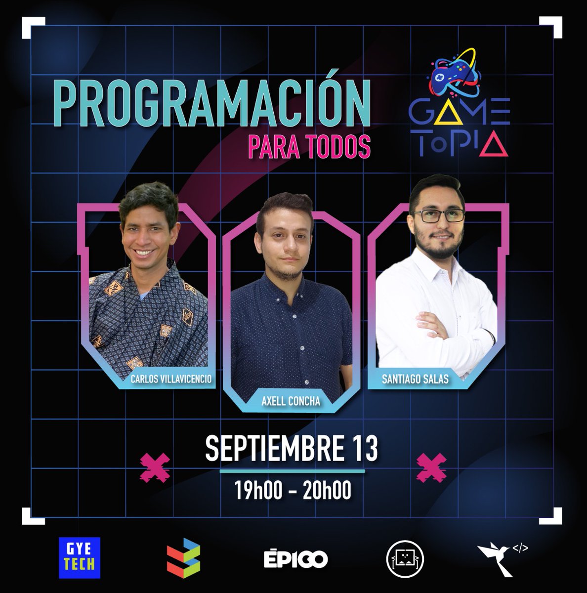 Gametopia, <a href="/guayaquiltech/">Guayaquil Tech</a> y <a href="/EpicoGye/">epicogye</a>, desean conmemorar el #diadelprogramador con el conversatorio “Programación para todos”, enfocado a entusiastas que inician en la programación o para quienes buscan oportunidades de emprendimiento.
Regístrate en: lnkd.in/eqFGzwx9