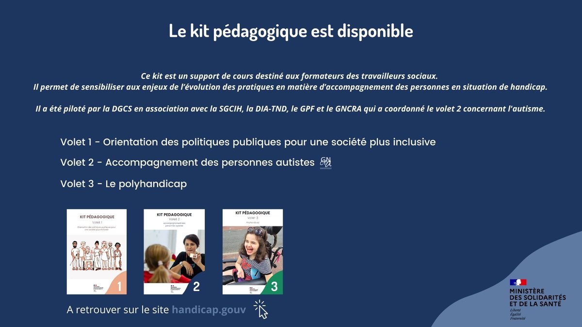 GNCRAutisme's tweet photo. 🎓Formation des travailleurs sociaux – Le kit pédagogique

Un support de cours destiné aux formateurs pour faire évoluer l’accompagnement des personnes en situation de handicap dans le respect des bonnes pratiques.

👉 https://t.co/TMMlt780Ze
@handicap_gouv @CCompagnon_ https://t.co/rr5T1sLhoU