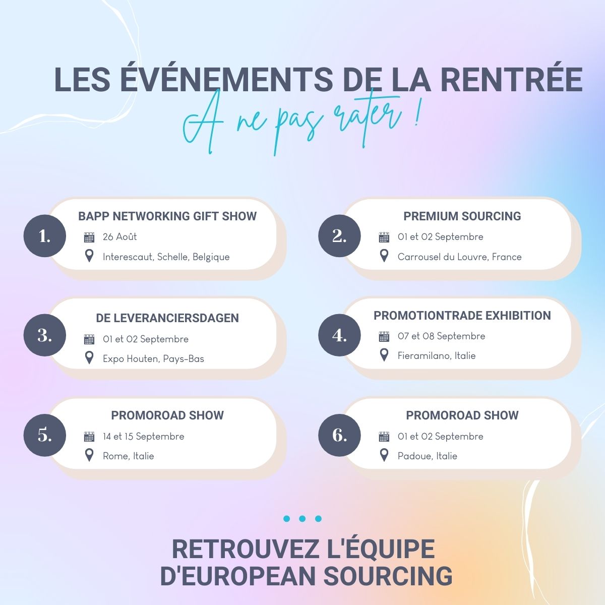 ES__Group's tweet image. 📅 A vos agendas, la team #EuropeanSourcing arrive dans les plus grands événements de la rentrée pour repartir du bon 👣 et vous accompagner afin de préparer sereinement cette fin d'année !
#staytuned car nous avons des nouveautés à vous présenter ! #atresvite