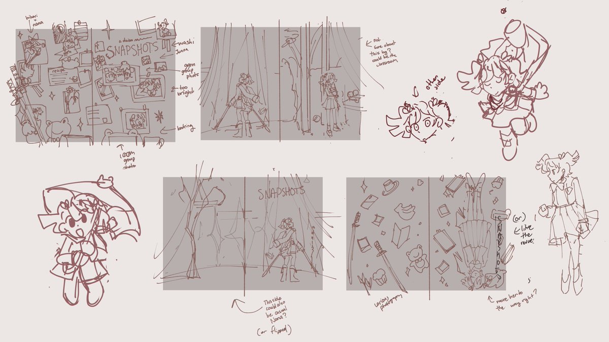 here are all the thumbnails i pitched -- we went with the "photoboard" theme since it fit the title the most and allowed to show a lot of different sides to nana. i kept the revue / daily life separate to each side,sort of like how nana keeps her serious side locked away... 