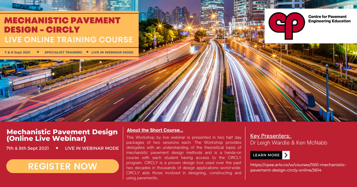 CPEEAus's tweet photo. Learn from industry expert Dr Leigh Wardle &amp; upskill with training in the CIRCLY program. Join CPEE's short course, 'Mechanistic Pavement Designs - CIRCLY,' on the 7th &amp; 8th of September.
Limited availability left so register now!

Register Now:
https://t.co/1bdAsJfmtP
#training https://t.co/5updnsh5xb