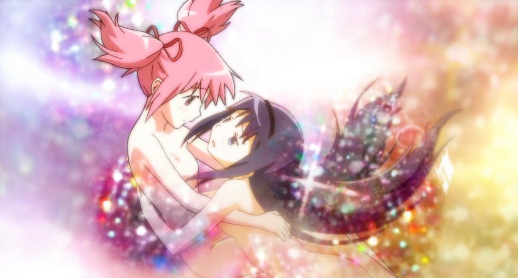 Madoka and Homura hugging in a shapeless sparkle void, both naked in that nondescript 90s shoujo way