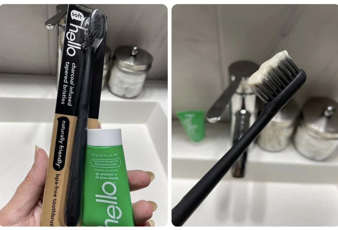 Hello Charcoal infused bpa free  tooth brush and Happy Toothpaste. Hello toothpastes are free of dyes, artificial sweeteners/flavors, parabens, triclosan, microbeads, and gluten. They are also vegan, cruelty-free and made in the usa. It taste great! #brushhappy