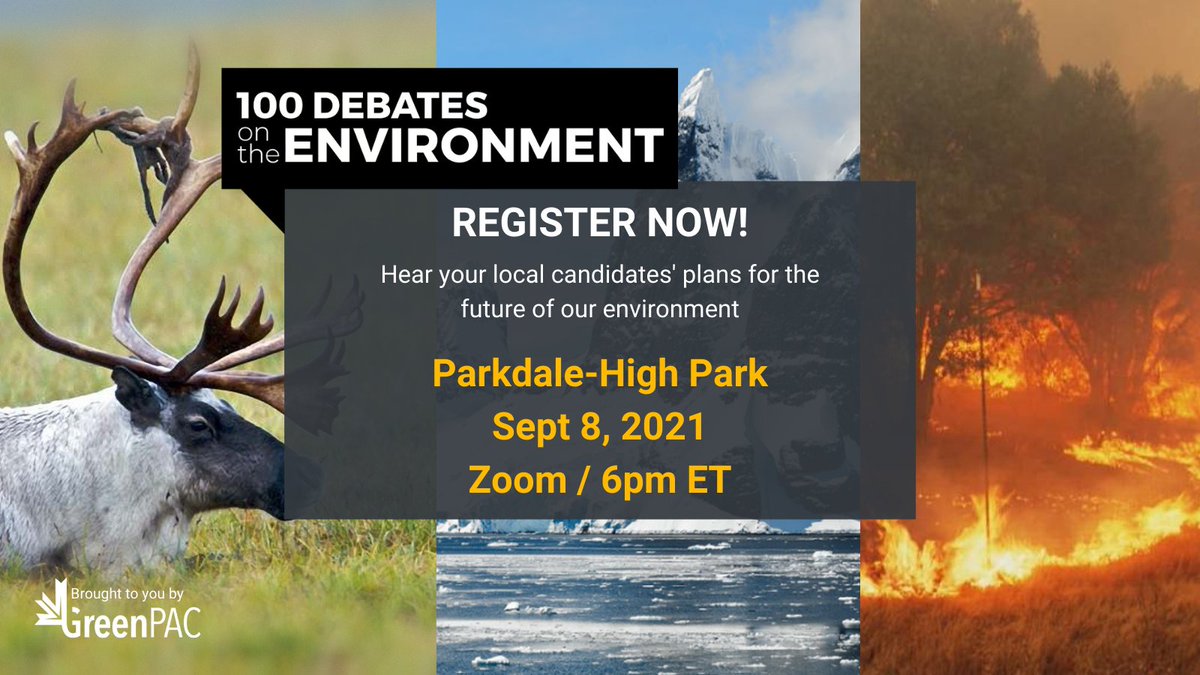 Registrations are open for Parkdale-High Park's #100debates - Join us to hear where our candidates stand on the environment - <a href="/viraniarif/">Arif Virani</a>, <a href="/PaulTaylorTO/">Paul Taylor</a>, <a href="/DMLafortune/">Diem Lafortune Cree Treaty 6 🇫🇷/ ✡️ ADOPTEE</a>, Nestor Sanajoko and Terry Parker: we look forward to see you there!  #Elxn44 #cndpoli 🗳️bit.ly/php100debates