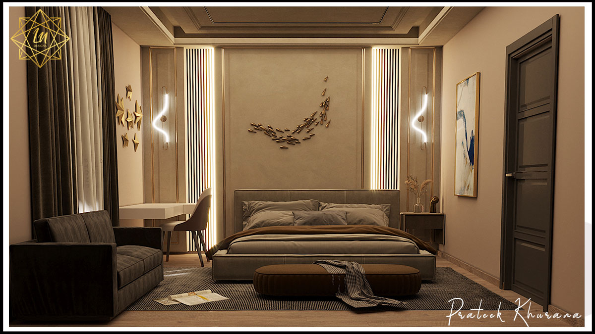 Lndesignstudio's tweet photo. Have a glance at this modern and stylish bedroom done with the use of muted colors and with a backdrop of stylish and elegant wallpaper to give the space positive vibes. Contact us &amp; draw some true inspirations for your bedroom interiors. #interiordesigningfirm #interiordesigner https://t.co/NpEWChrRW4