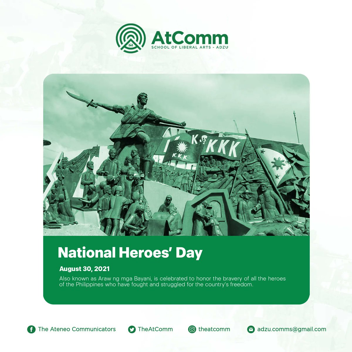 TheAtComm's tweet image. AUGUST 30 | In remembrance of the known and unknown valiant heroes&apos; who fought in pursuit of the country&apos;s independence.

May we be reminded and be thankful for the cornerstones of our attained freedom and democratic ideals today. 

#NationalHeroesDay2021