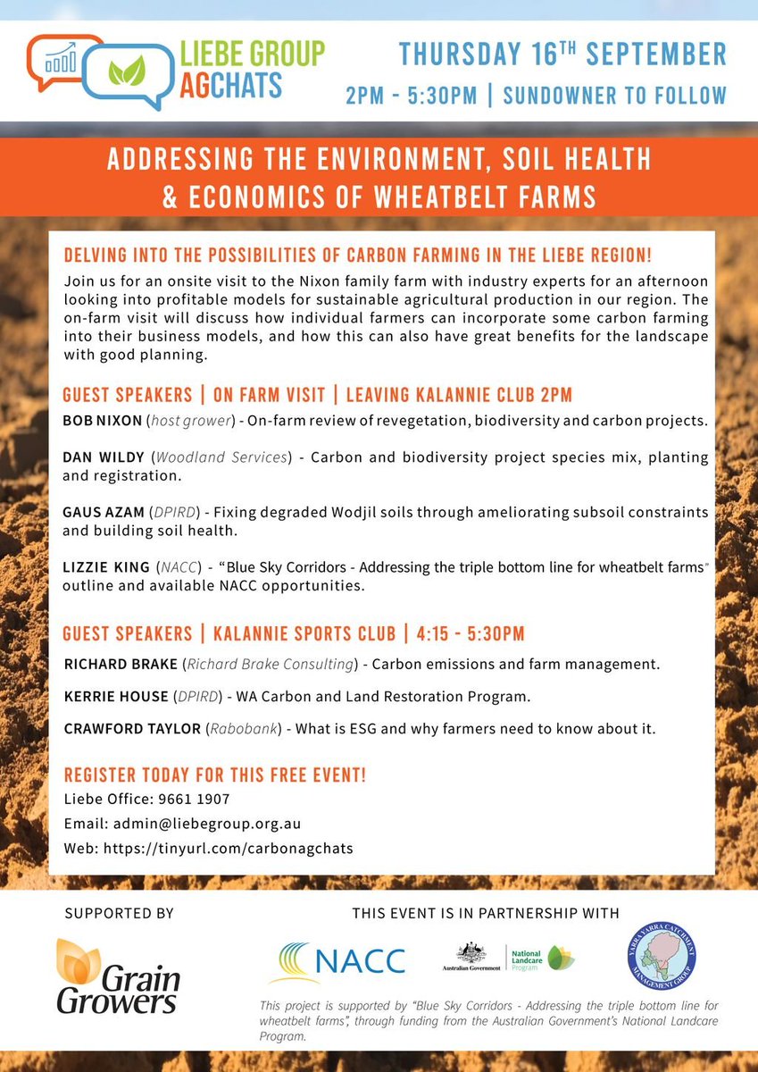 AgZero (@agzerowa) on Twitter photo .<a href="/LiebeGroup/">Liebe Group</a> AgChats - Addressing the Environment, Soil Health & Economics of Wheatbelt Farms
<a href="/bobnixon11/">Bob Nixon</a> <a href="/rich_brake/">Richard Brake</a> <a href="/DPIRDWA/">DPIRDWA</a> <a href="/DPIRDbroadacre/">DPIRD Broadacre - WA Grains & Livestock</a> <a href="/RabobankAU/">Rabobank Australia</a> @lizzieking82
Thu 16 Sep
Kalannie
liebegroup.org.au/events/agchats…
#2030convos .<a href="/LiebeGroup/">Liebe Group</a> AgChats - Addressing the Environment, Soil Health & Economics of Wheatbelt Farms
<a href="/bobnixon11/">Bob Nixon</a> <a href="/rich_brake/">Richard Brake</a> <a href="/DPIRDWA/">DPIRDWA</a> <a href="/DPIRDbroadacre/">DPIRD Broadacre - WA Grains & Livestock</a> <a href="/RabobankAU/">Rabobank Australia</a> @lizzieking82
Thu 16 Sep
Kalannie
liebegroup.org.au/events/agchats…
#2030convos