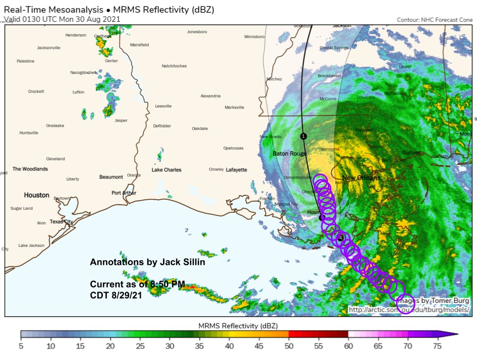 JackSillin's tweet photo. 8:30 PM CDT #Ida #WobblePlot - the center is still moving NNW a bit east of the NHC track forecast.

The corridor of strongest winds continues to progress northward in the direction of Hammond #LAwx where conditions will continue to deteriorate over the coming hours. https://t.co/luECkoxFG3
