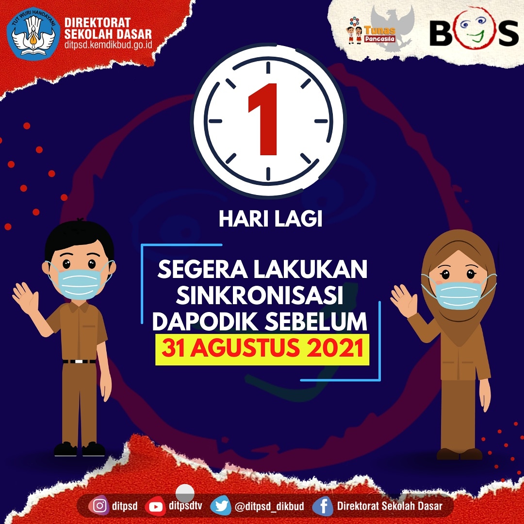 ditpsd_dikbud's tweet photo. #SahabatSekolahDasar, tinggal 1 hari lagi batas waktu sinkronisasi Dapodik. Ayo pastikan sudah melakukan sinkronisasi, dan jangan lupa untuk menginput laporan penggunaan dana BOS tahap 1 tahun 2021 ya π
#SinkronDapodik
#Dapodik
#BOS
#LaporBOS
#GIATSD
#DirektoratSekolahDasar https://t.co/6XgWphqY5L