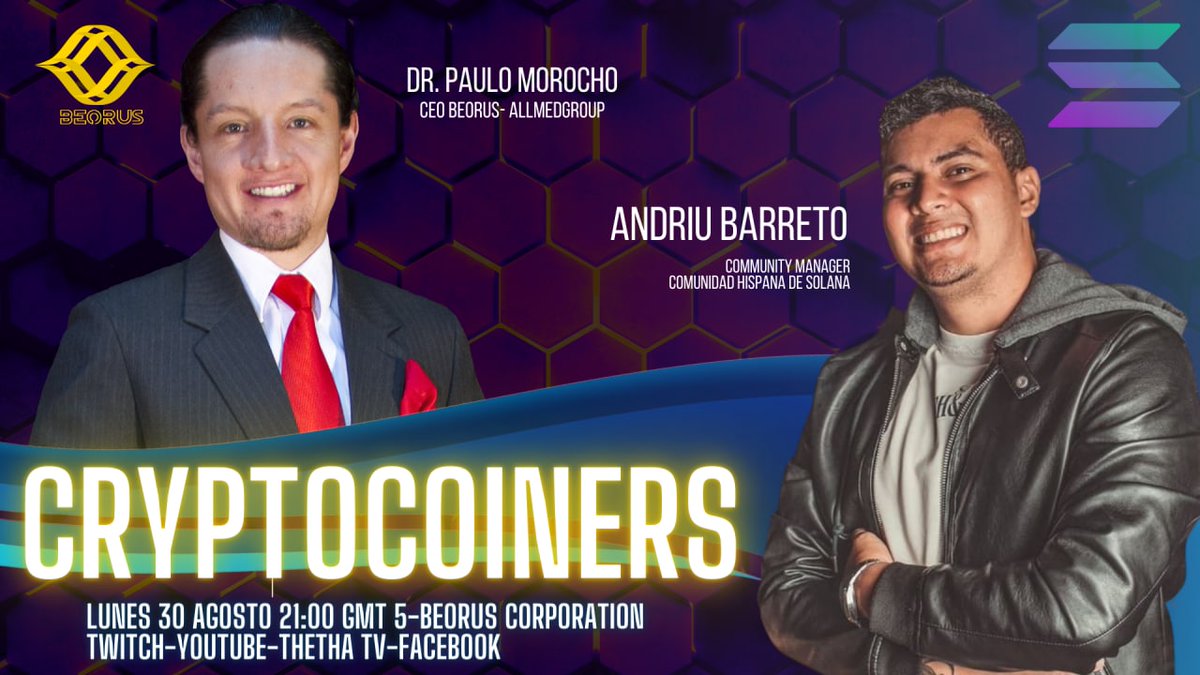 beoruscorp's tweet photo. Mañana 21:00 GMT5 no te puedes perder nuestra emisión de #CryptoCoiners 

Invitado especial 
Andriu Barreto @AndriuJose20 
Community Manager @solana_es 

Entrevistado por
Dr Paulo Morocho @drpauloerc20 
CEO Beorus Corp

#solana #interview #CryptoTwitter #Blockchain $SOL #Crypto https://t.co/j1Oty5tHKb
