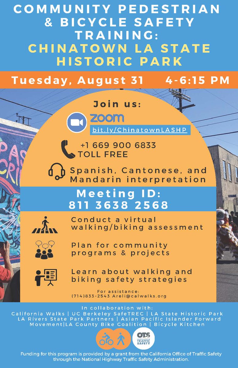 ChinatownLAPL's tweet photo. An upcoming community training in Chinatown hosted by Calworks. It is meant to educate and collect feedback from Chinatown residents on what safe streets look like. Join us on 8/31/21, 4-6:15 p.m. https://t.co/Y8P5kR9ZJi