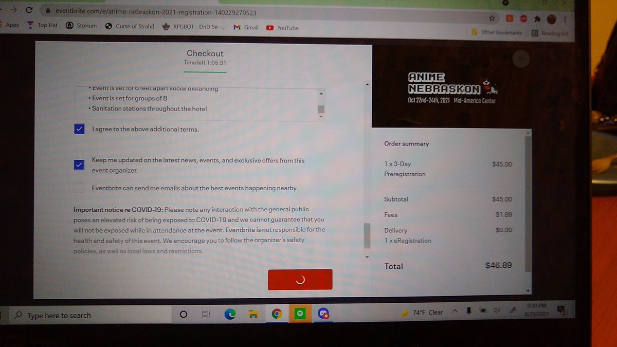 Majessteck's tweet photo. @animenebraskon Been trying to buy a three day ticket for the past half hour, but have been stuck loading. I've tried to exit out and try again, but the same thing happened. Also tried on my phone, but no dice. I'd prefer to get my tickets today before the price goes up. https://t.co/euFhKIu2Ar