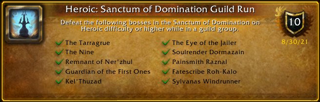 _shalathe_'s tweet photo. Battle Hardened just earned the [Heroic: Sanctum of Domination Guild Run] Achievement! #Warcraft https://t.co/5PsAOfN7V4